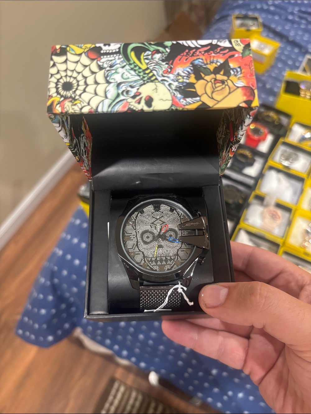 Ed Hardy Black Mesh Band Watch with Multicolor Skull Dial